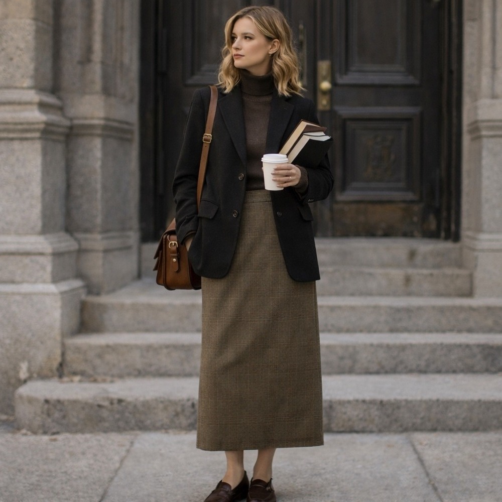 Weekend Max Mara Plaid Knee Length Skirt Women's Size 10 Brown Button Slit - Picture 1 of 5